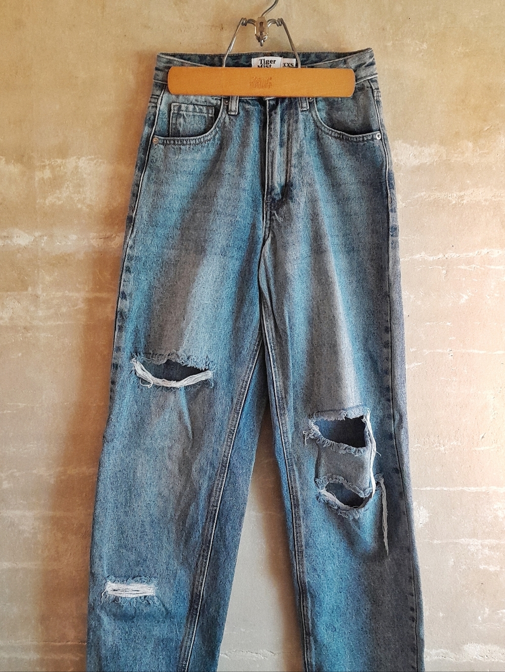 553a. blue Tiger Mist high rise distressed wide leg denim dad jeans, XXS